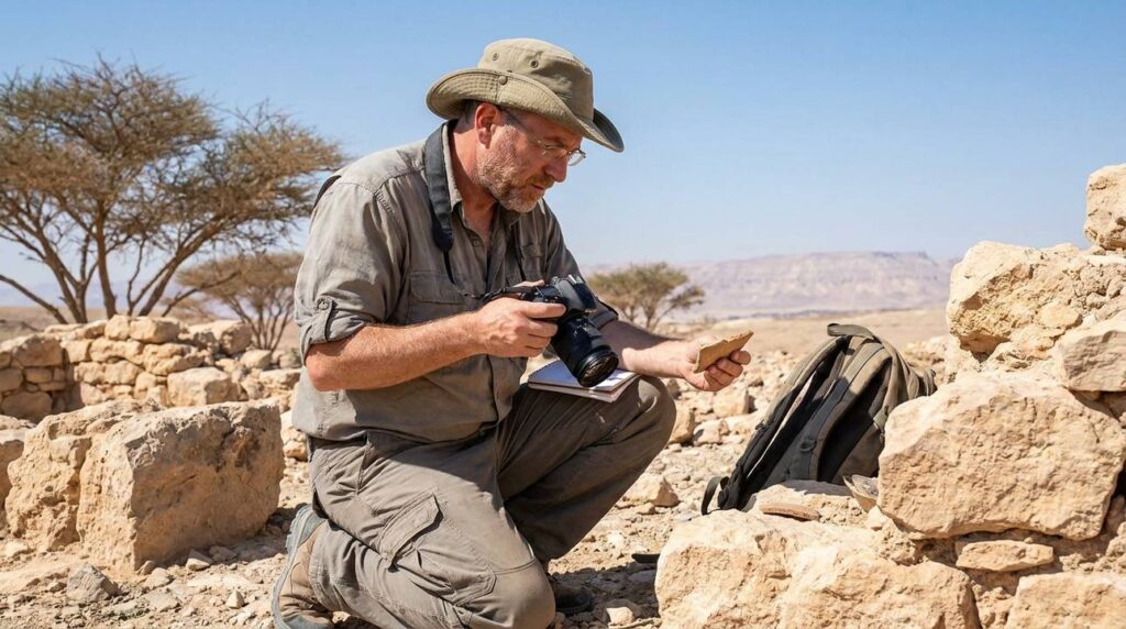 Israeli archaeologist documenting ancient ruins in southern Israel desert.