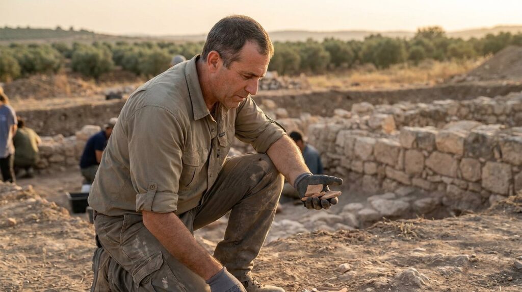 Archaeologist examining pottery shards at dig site in Israel.