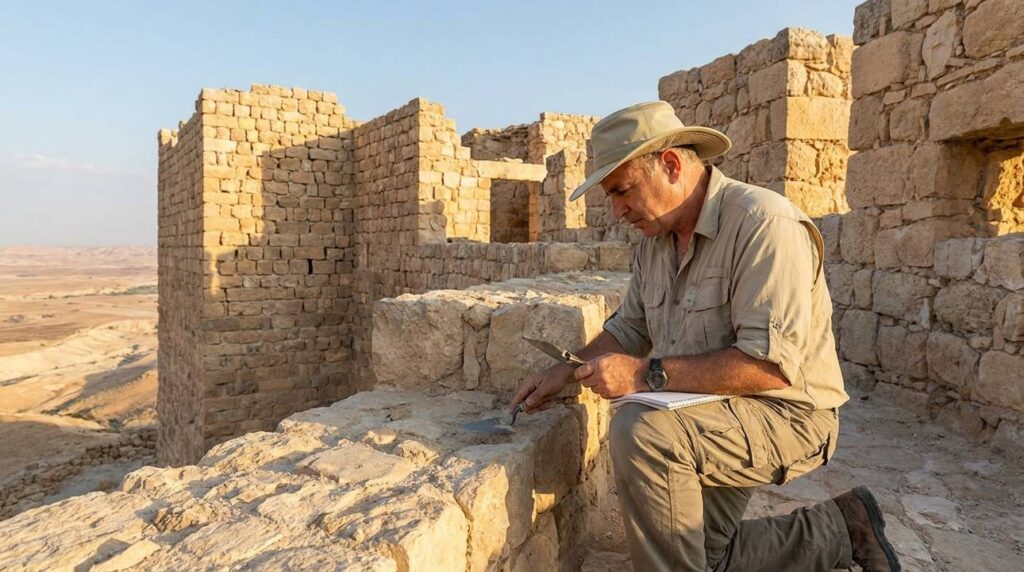 Middle-aged Israeli archaeologist examines ancient walls at fortress in Israel.