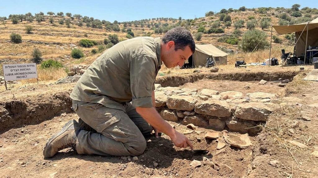 Israeli archaeologist excavating artifacts at Lubya, with rolling hills background.