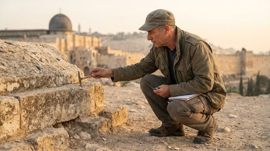 Israeli historian examines ancient stones on Mount Zion, Jerusalem behind.