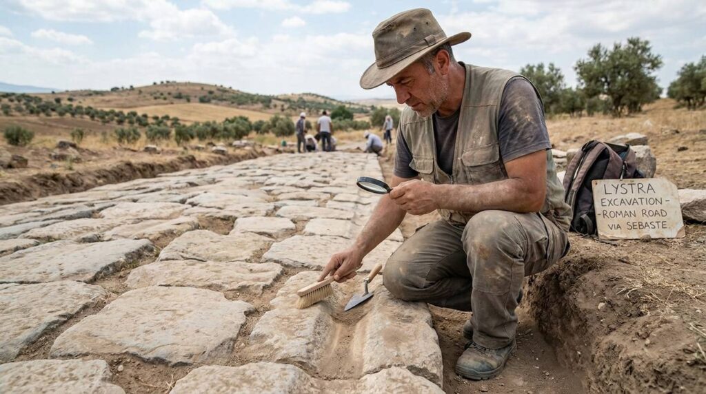 Archaeologist examines ancient road paving stones in Lystra, Turkey.