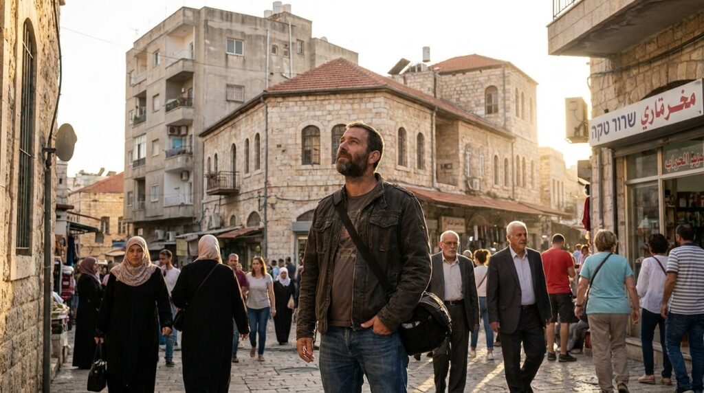Israeli man in casual clothes explores Nazareth's mixed-era architecture.