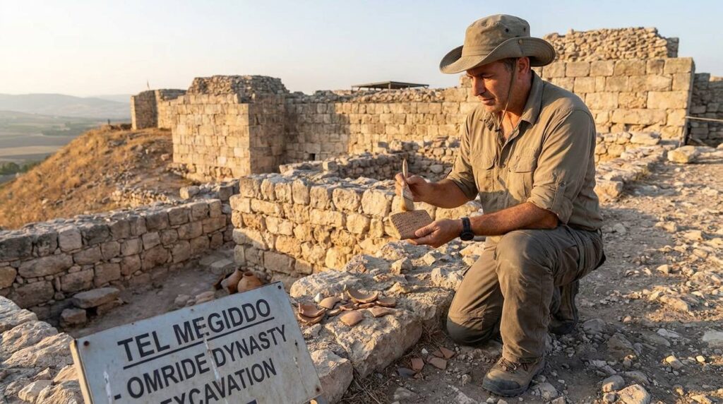Israeli archaeologist examines ancient ruins in evening light.
