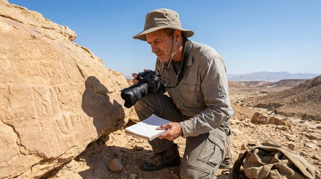 Israeli archaeologist examining stone markings in Negev Desert with camera.
