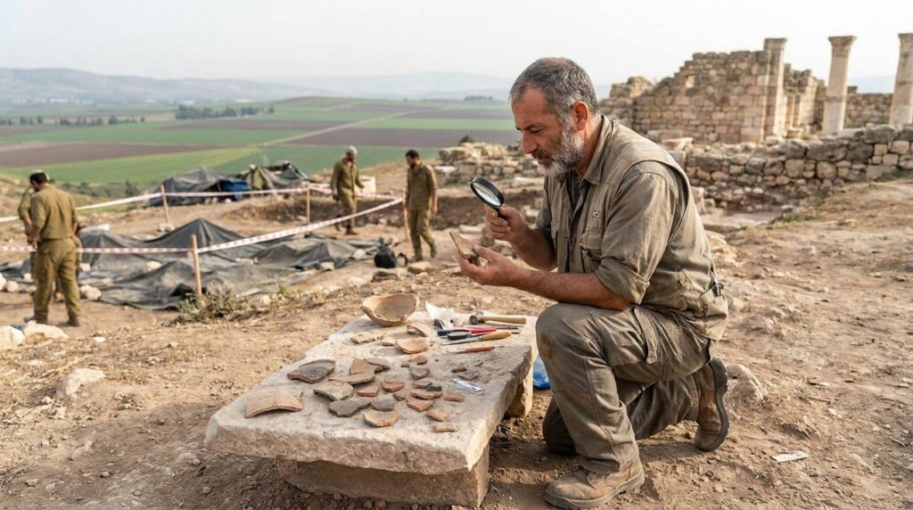 Israeli archaeologist examines artifacts at Sulam, Jezreel Valley in background.
