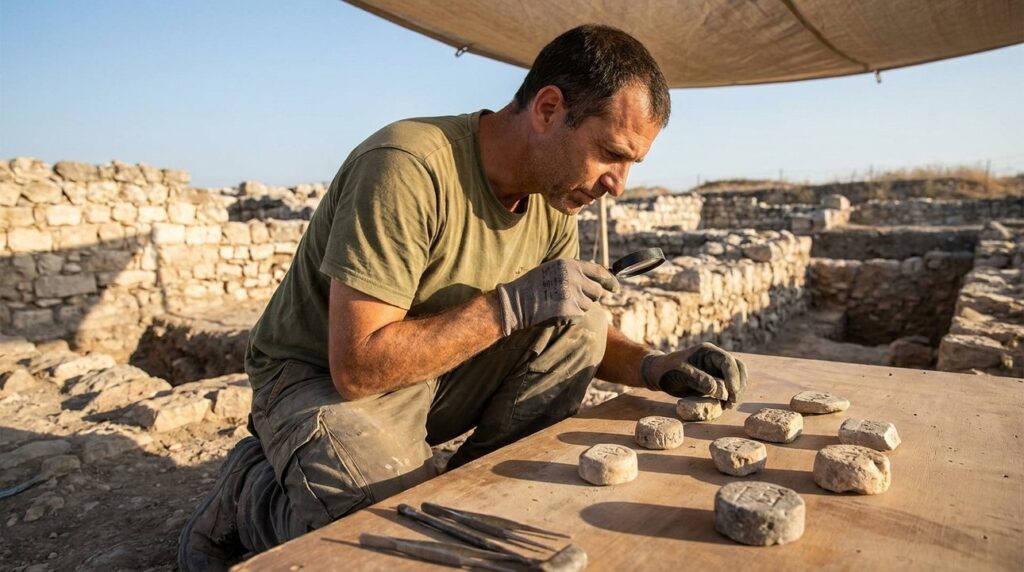 Israeli archaeologist examines ancient weights at Megiddo archaeological site.