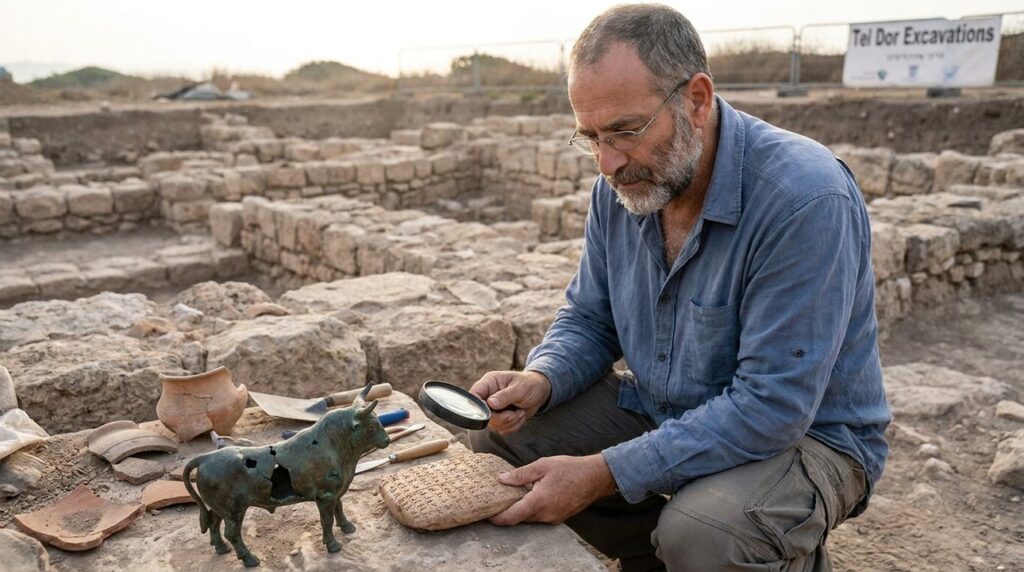Israeli historian examines Persian artifacts at archaeological site in Israel.