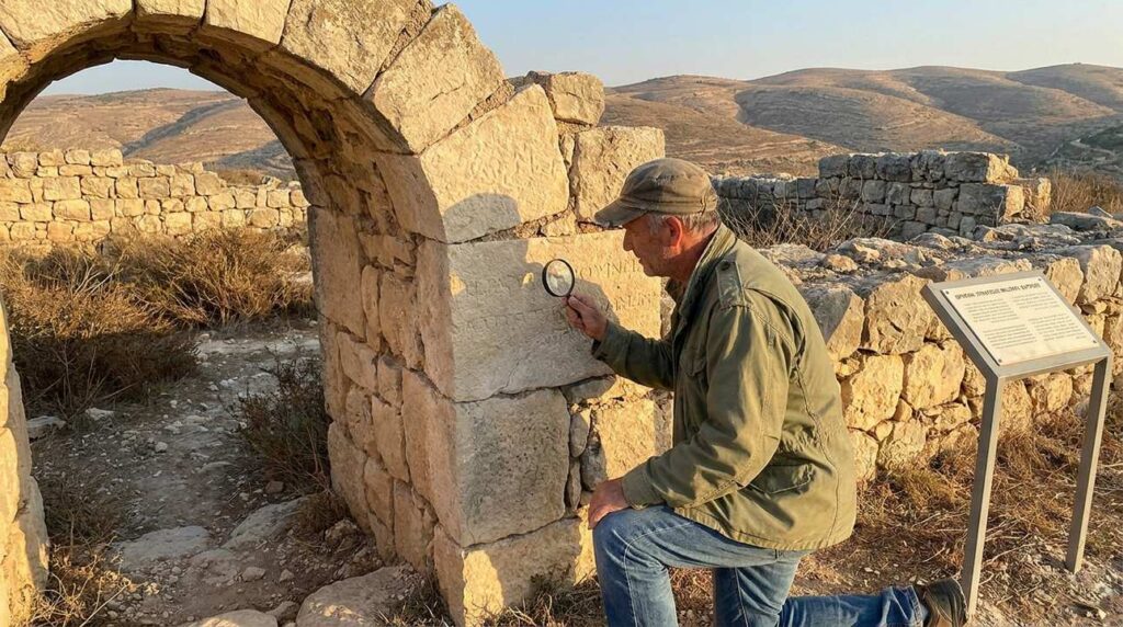 Middle-aged Israeli historian examines ancient ruins at Ophrah in evening light.