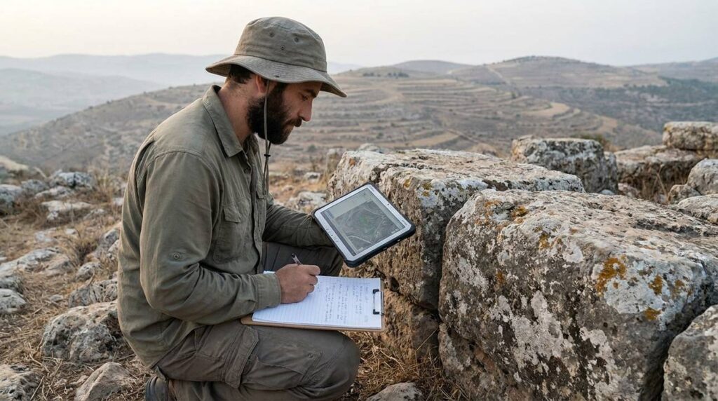Israeli archaeologist examines ancient ruins in northern Israel with equipment.