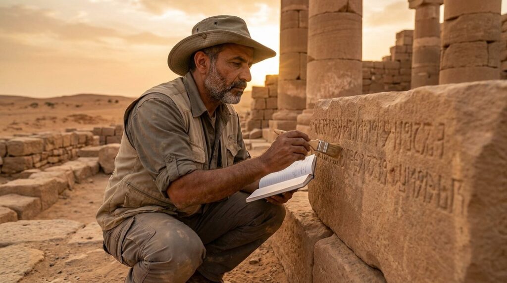 Middle Eastern archaeologist examining inscriptions at Marib, Yemen.