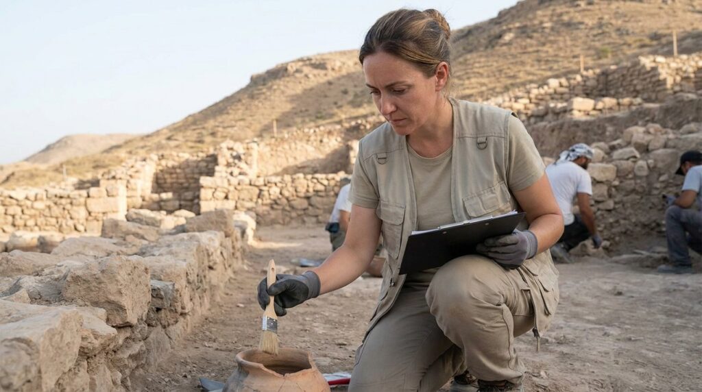 Israeli archaeologist examines artifacts at Ramah dig site.