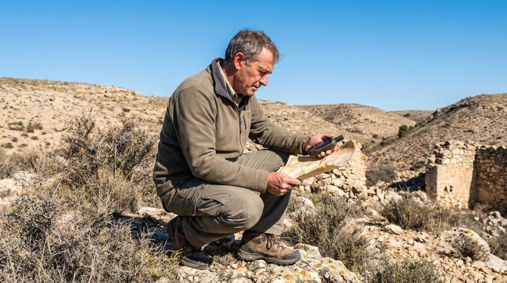 Historian in hiking gear examines ancient maps and GPS in hills.