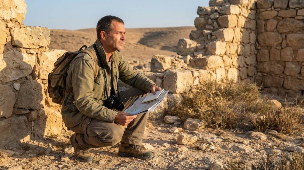 Israeli historian examining ancient ruins in desert, holding map.