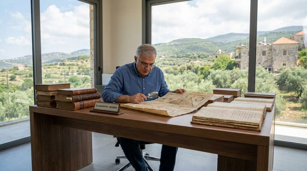 Historian examines ancient maps in office overlooking Marjaayoun landscape.