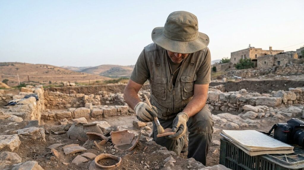 Archaeologist examines artifacts at Moresheth-Gath among ruins and pottery.