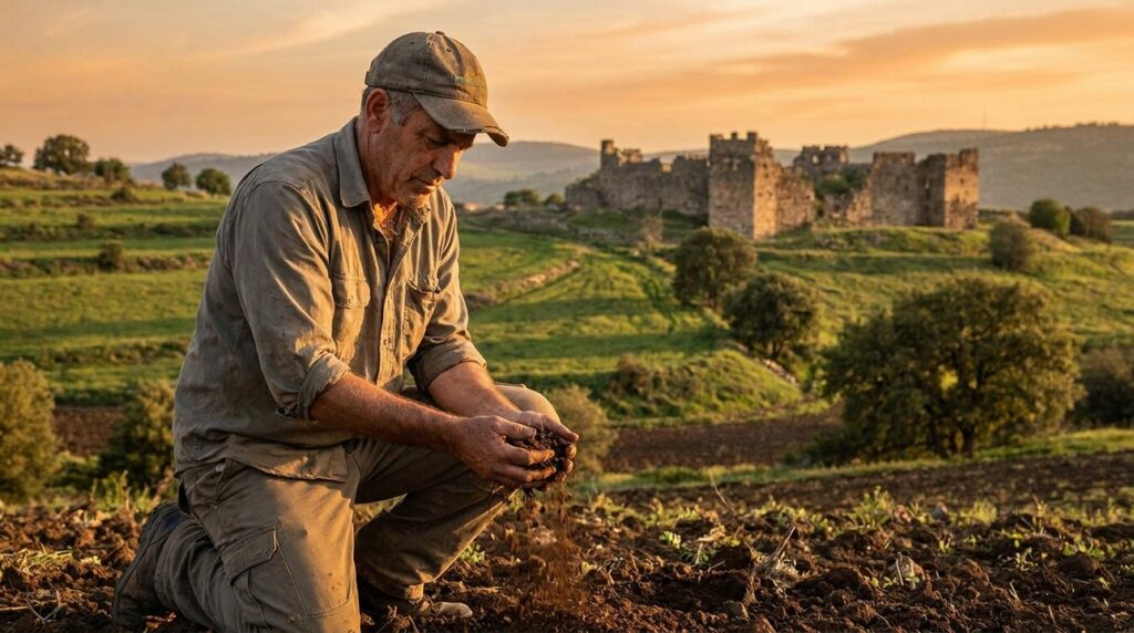Israeli farmer inspects soil near ancient ruins in evening light.