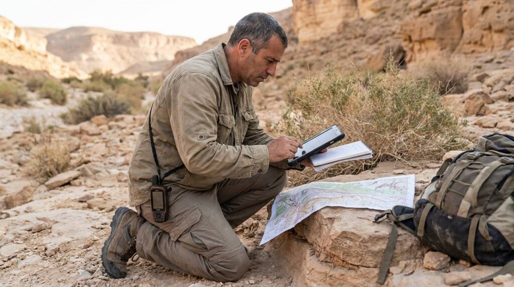 Israeli historian examines maps on a tablet in Wadi Zered.