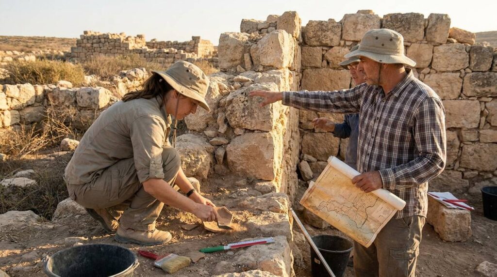 Archaeologists and historians examining ancient ruins in Gerar, Israel.