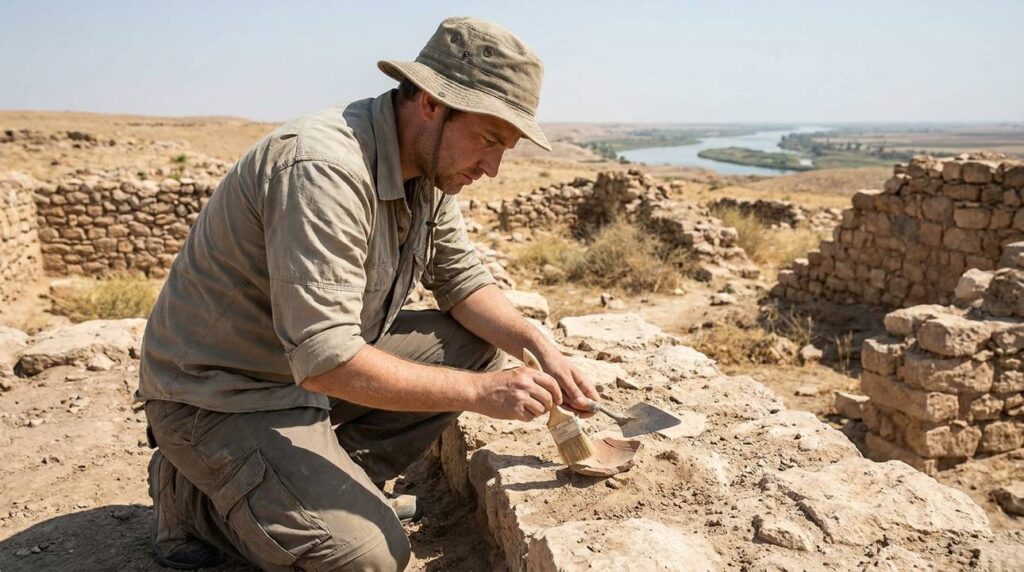 Archaeologist in khaki examining ruins in Paddan-Aram under clear sky.