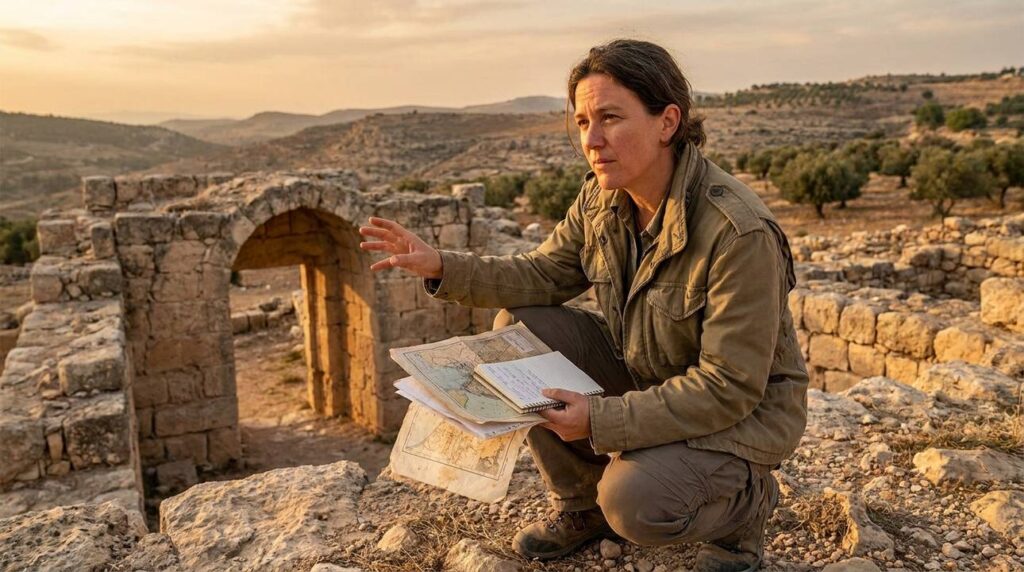 Historian examining ancient ruins in Heshbon with maps and documents.