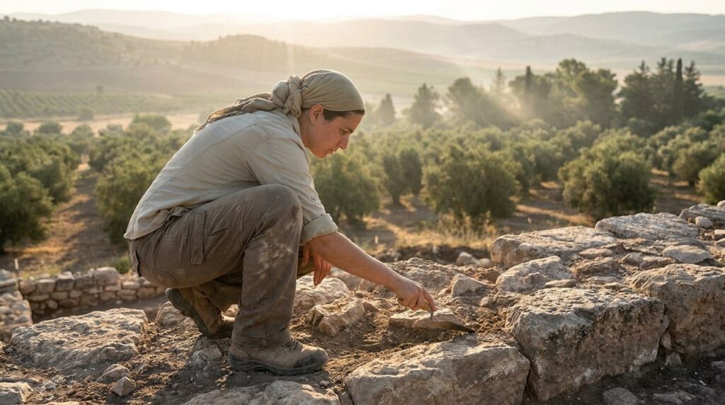 Israeli archaeologist examines ancient ruins at En Dor in morning light.