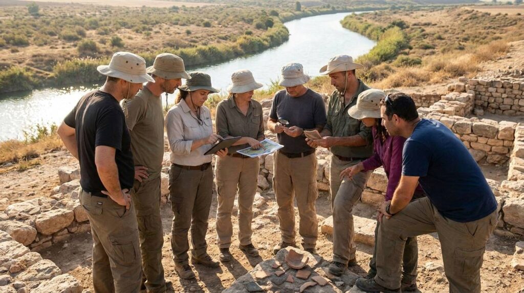 Diverse Israeli archaeologists examine ancient ruins near a river.