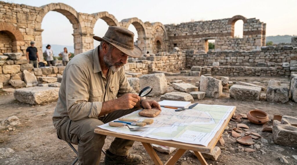 Archaeologist examines artifacts at Derbe, Turkey with map and tools.