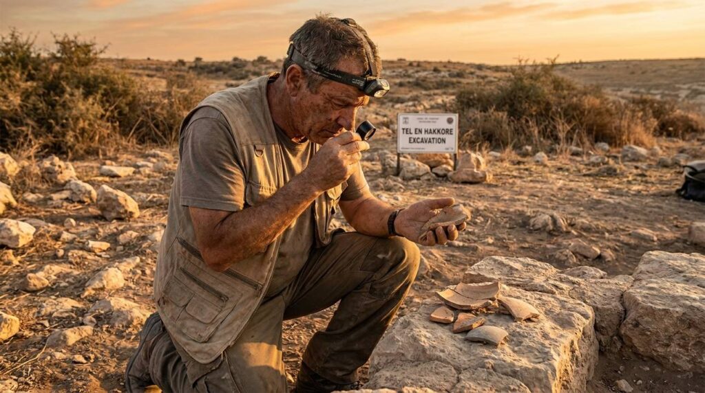 Archeologist in Israel examining pottery shards at En Hakkore site.
