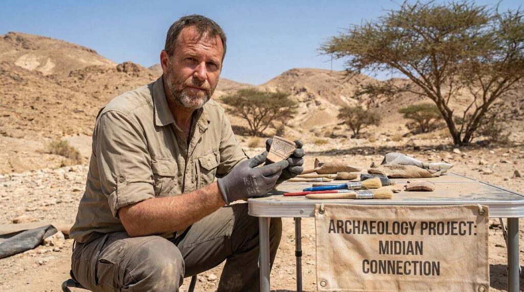 Israeli historian examining ancient pottery in the Negev desert.