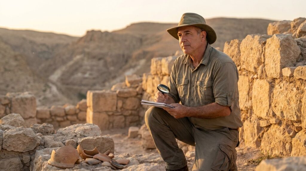 Middle-aged Israeli historian exploring ancient biblical ruins at sunset.