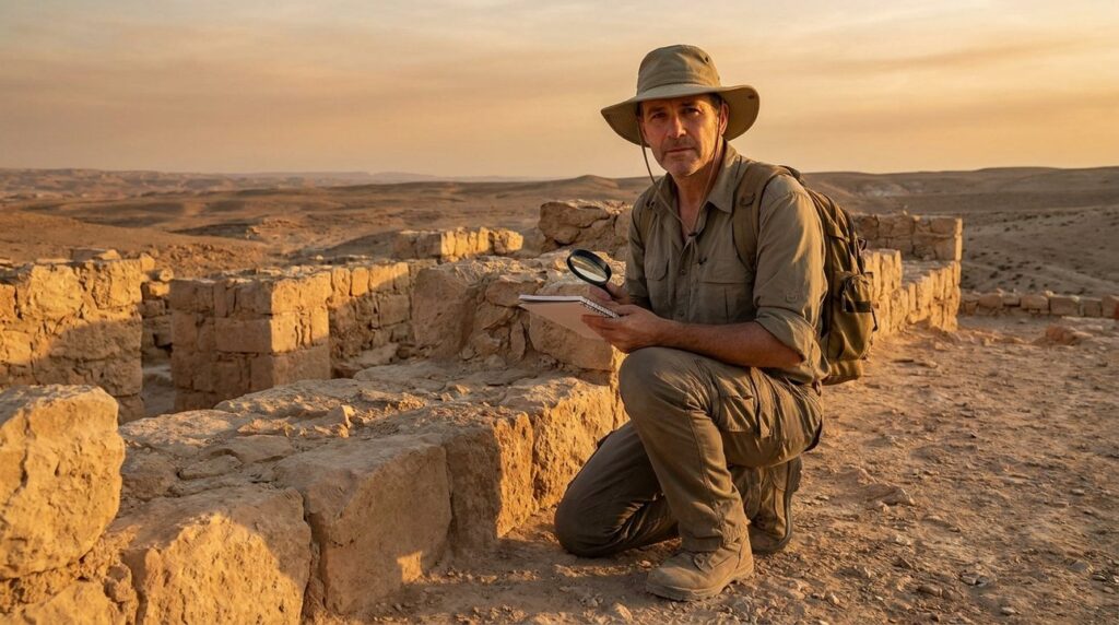 Israeli historian examining ancient ruins in the Negev Desert at dusk.