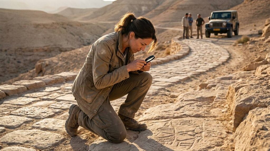 Archaeologist examining ancient pathways in the Negev Desert at dawn.