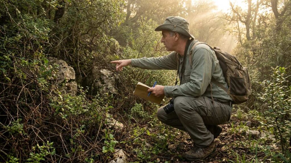Israeli historian examines foliage in Forest of Hareth, taking notes.
