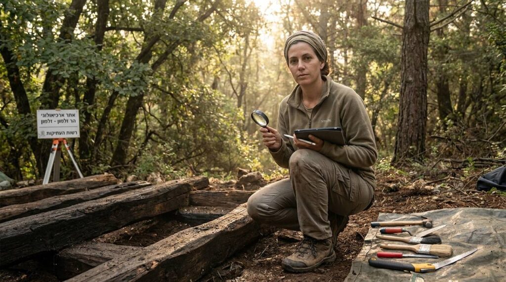 Israeli archaeologist examines ancient timber in Mount Zalmon forest.