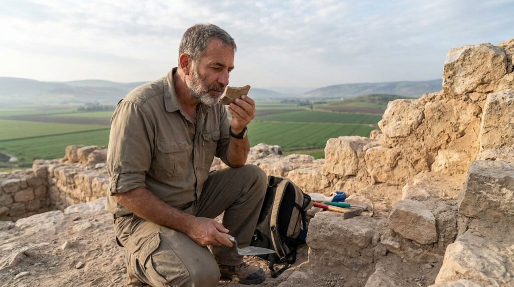 Archaeologist examines pottery at Paddan Aram ruins, fertile plains behind.