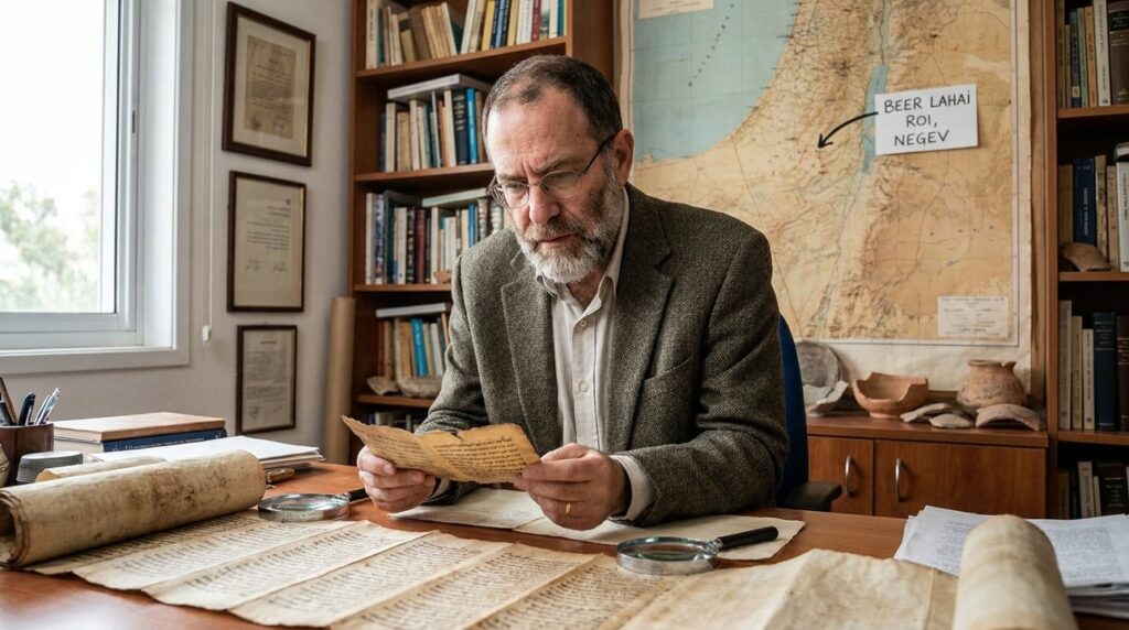Israeli historian examines ancient manuscripts in office with Beer Lahai Roi map.