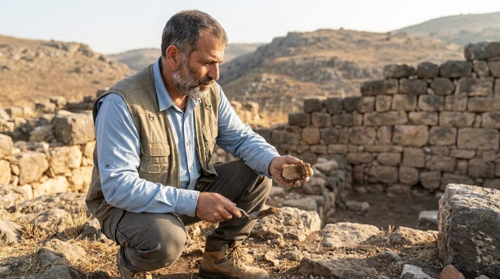 Israeli archaeologist examines artifacts at Bashan historical site.