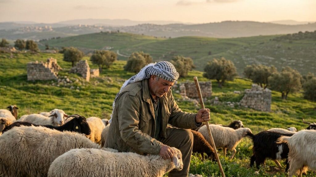 Middle-aged Israeli shepherd tending flock in green Migdal Eder landscape.