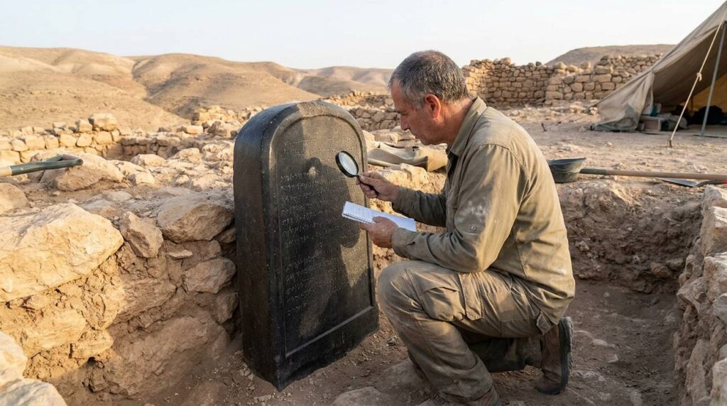 Israeli archaeologist examines Mesha Stele at Kir Hareseth in morning light.