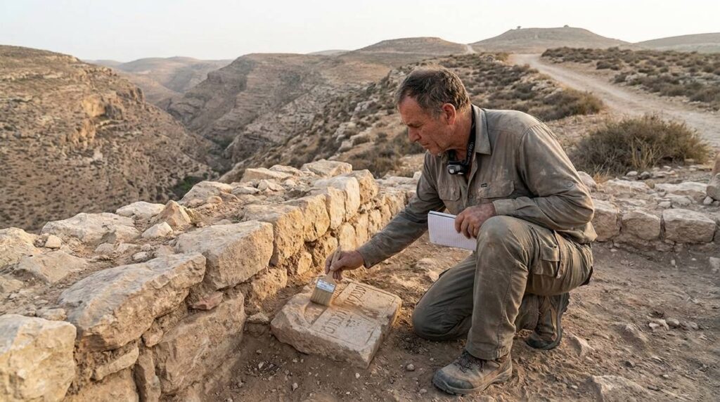 Israeli archaeologist examines artifact in Mikmash ruins, rugged terrain behind.