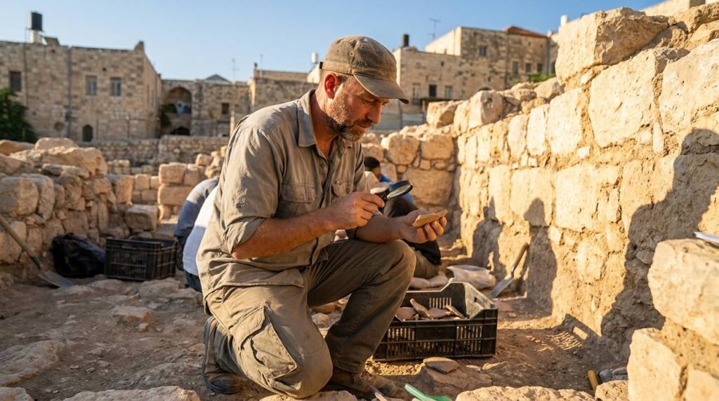 Israeli archaeologist examines artifacts at Hebron archaeological site in morning light.