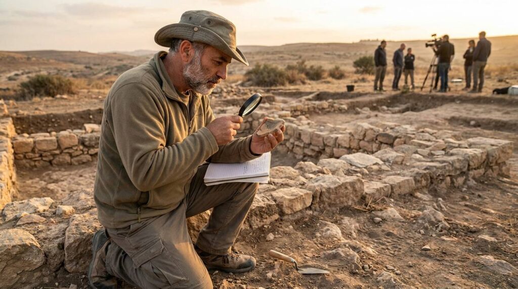Middle-aged Israeli historian examining ancient ruins in Ziklag at sunset.