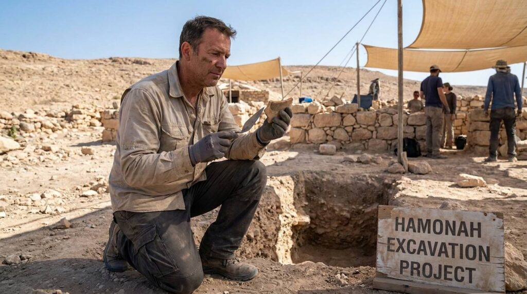 Male archaeologist examines artifacts at arid Israeli excavation site.