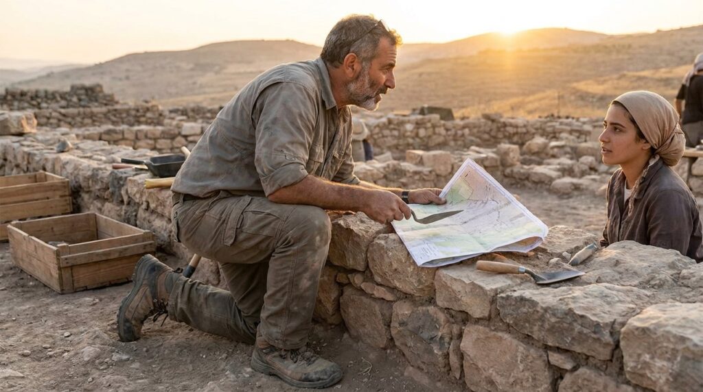Israeli archaeologist examining Heshbon ruins with tools and map at sunset.