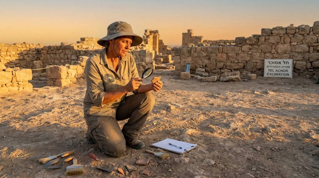Israeli archaeologist examines artifacts at Achor site in evening light.