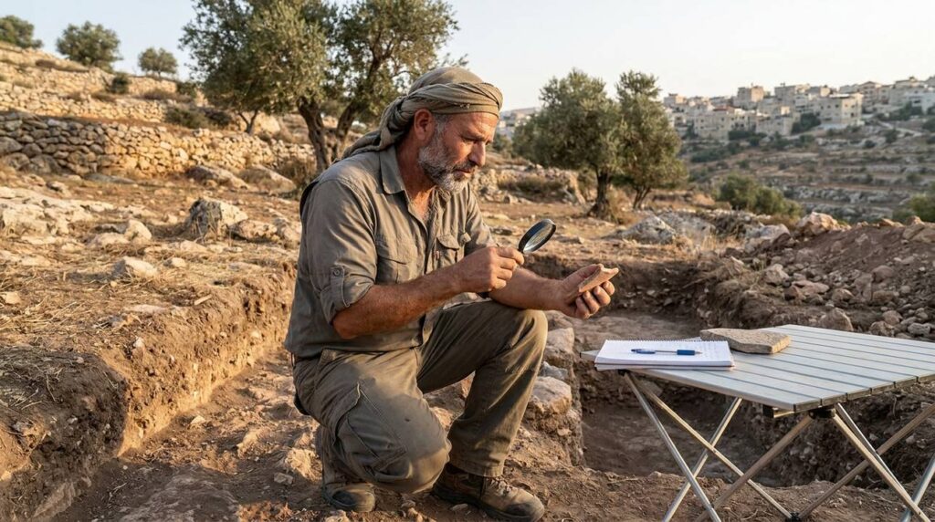 Middle-aged archaeologist examining artifacts at Hebron excavation site.