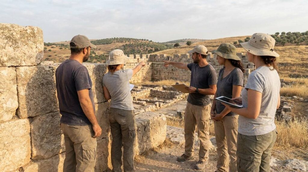 Archaeologists discussing ancient ruins of Heshbon in morning light.