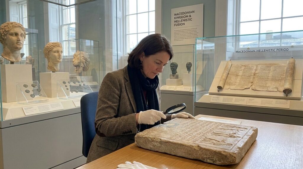 Historian examines Hellenistic artifacts in a museum with natural lighting.