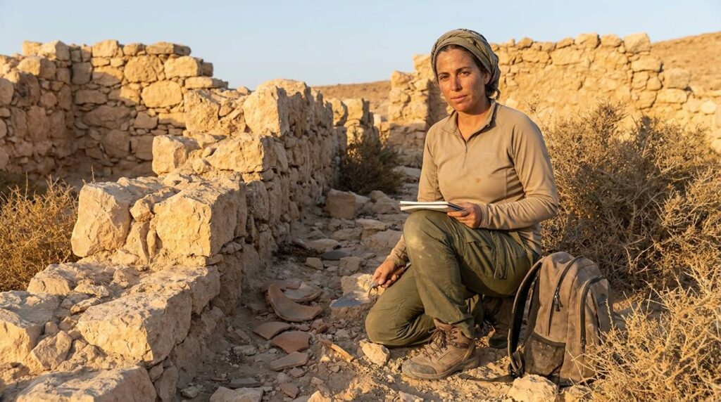 Israeli archaeologist examines ancient ruins in Negev desert at sunset.
